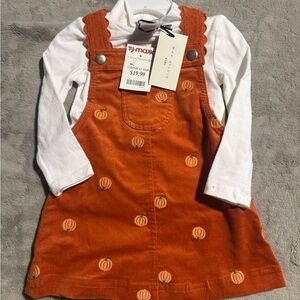 Max Studio Orange Corduroy Pumpkin Pinafore Dress with White Long Sleeve Top